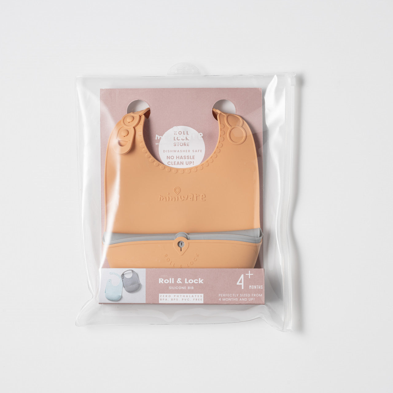 Baveta bebelusi Miniware Roll & Lock, 100% din silicon alimentar, Toffee